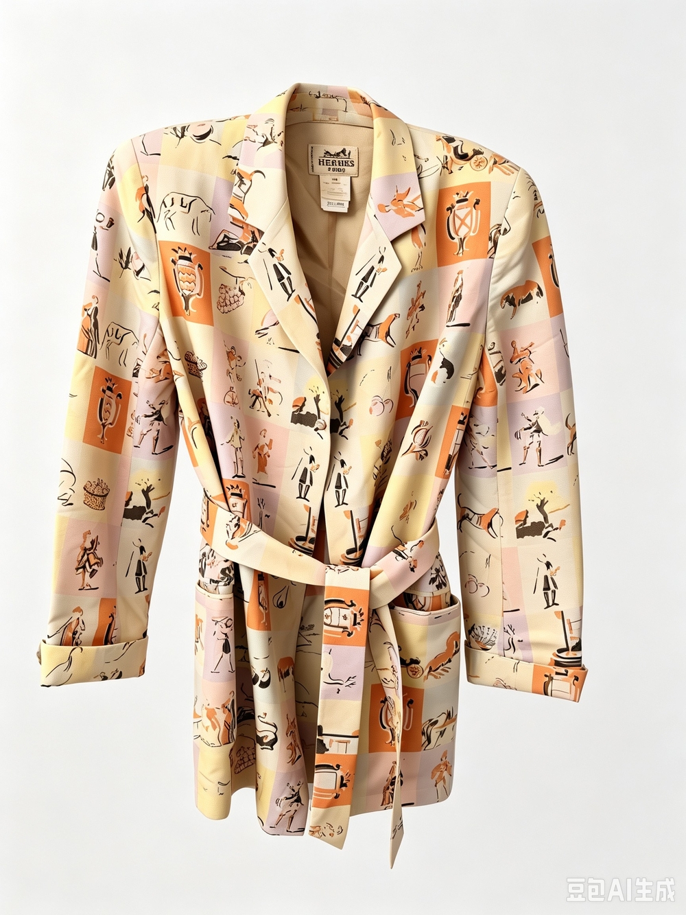 Hermes Printed Belted Blazer Jacket in Peach, Cream & Pink